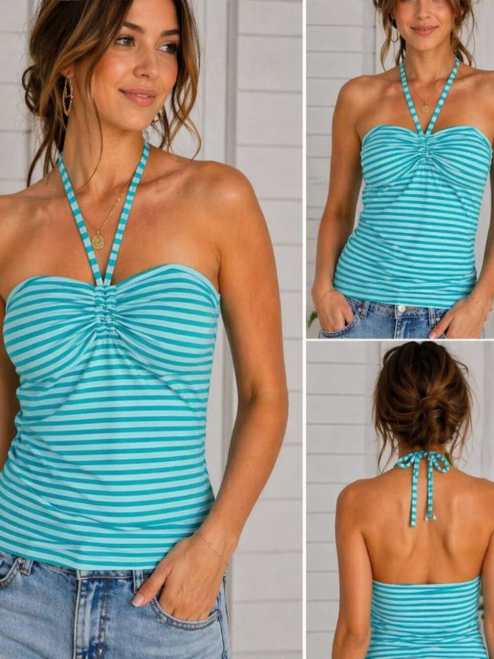The Limited Blue Striped Halter Top Ruched Y2K Tank S